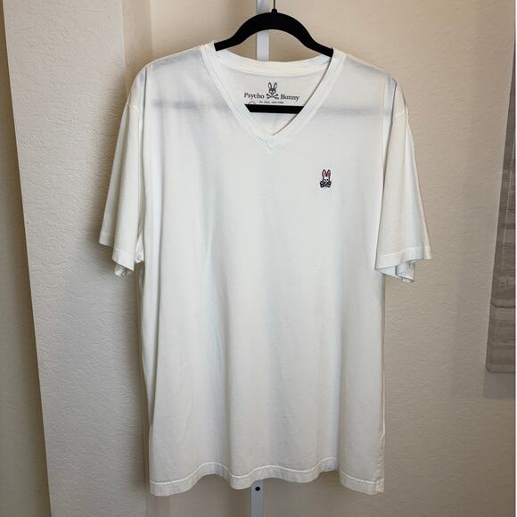 Psycho Bunny Mens White V-Neck Short Sleeve Casual Logo Tee Shirt Size 8 / 2XL - Picture 1 of 4
